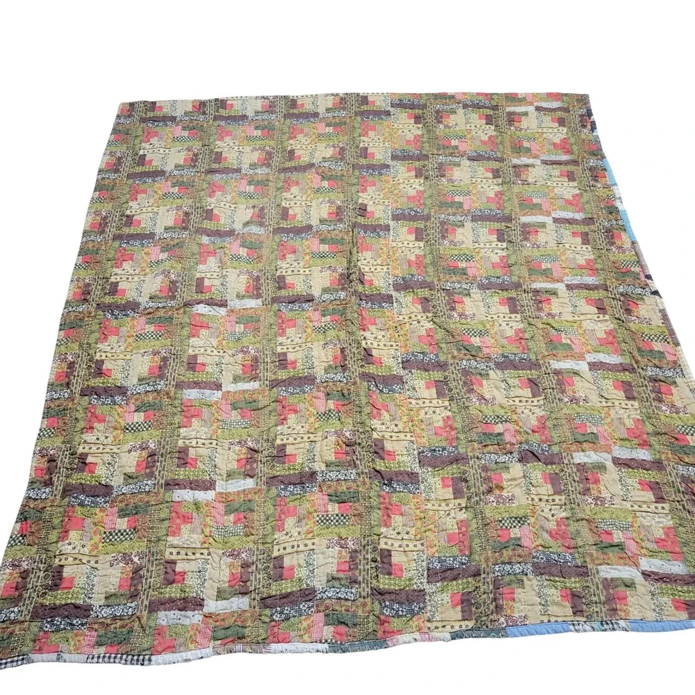 Vtg Handmade Patchwork Quilt Reversible 74x69 Farmhouse Throw Machine Stitch